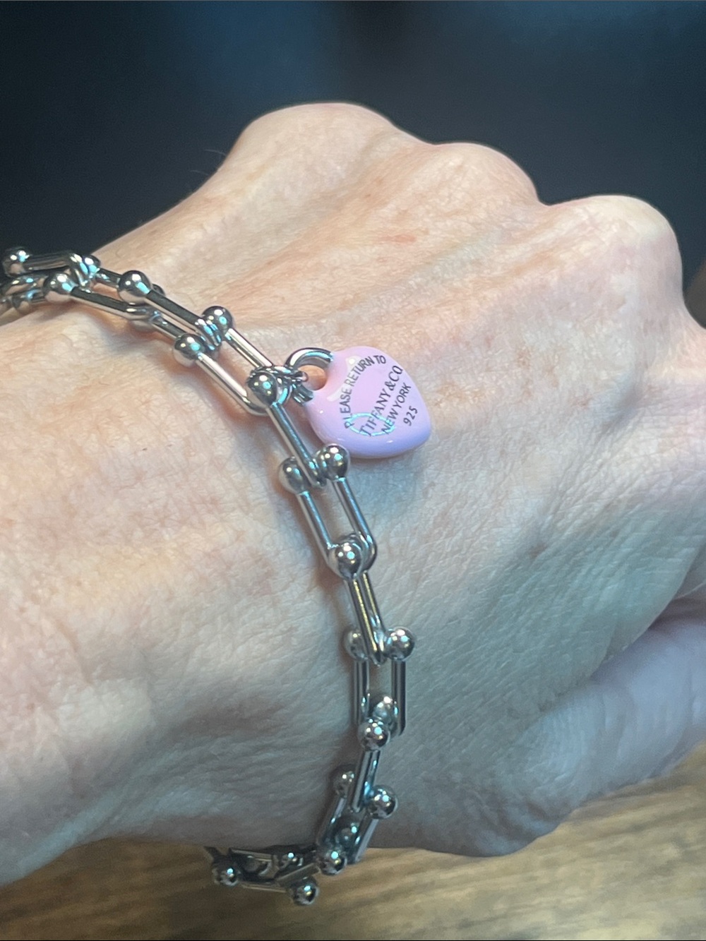 Stainless Steel Bead Link Bracelet with Pink Heart Tag